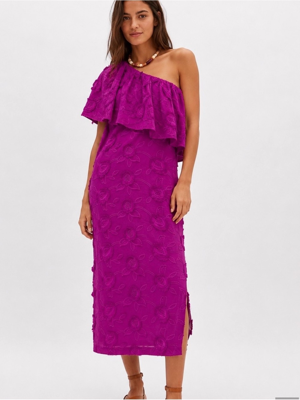 Abbey Glass One-Shoulder Fuchsia Floral Midi Dress-NWT!